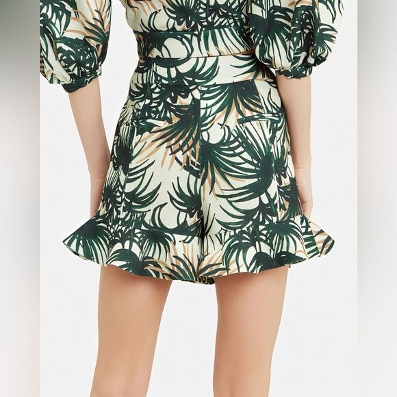 PATBO High Waisted Ruffled Tropical Palm Shorts. Dark Green / Ivory. Size 0. - Picture 3 of 15